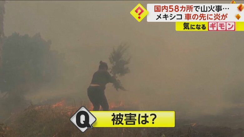 木の枝で広がる火をたたく女性