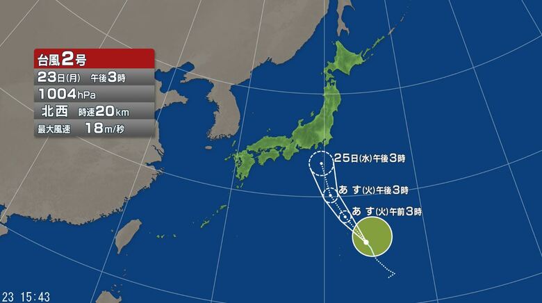 【台風情報】台風2号は23日夜はじめ頃～24日未明にかけて小笠原諸島に最接近する見込み　土砂災害に注意・警戒｜FNNプライムオンライン