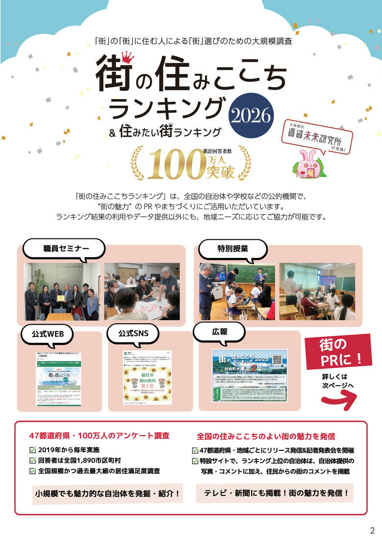 自治体や学校がPRやまちづくり、調べ学習に活用した「住みここちランキングの活用事例2026」をPDFで公開