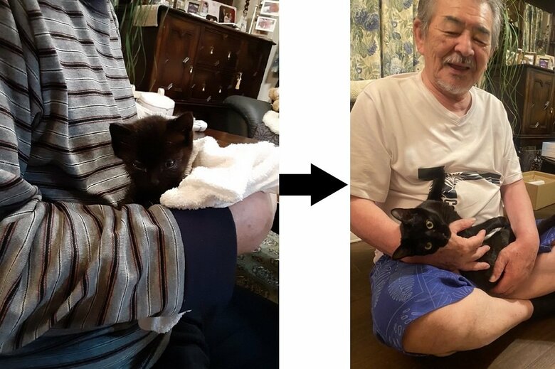 抱える大きさの差が分かる（左：保護した当時　右：成長した姿）　