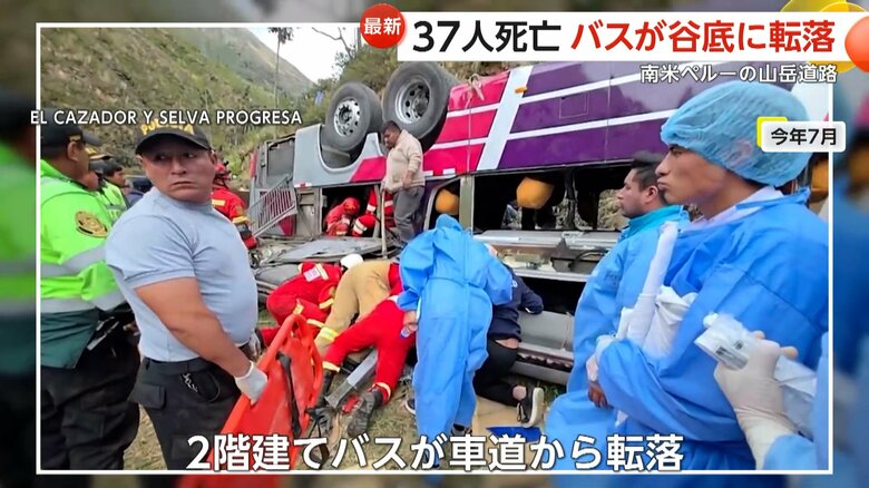 2階建てのバスが車道から外れ、斜面から転落する事故（7月、南米ペルー）