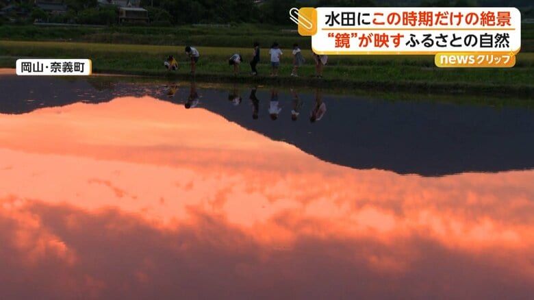 夕焼けや山々が映り込む幻想的な景色（岡山・奈義町）
