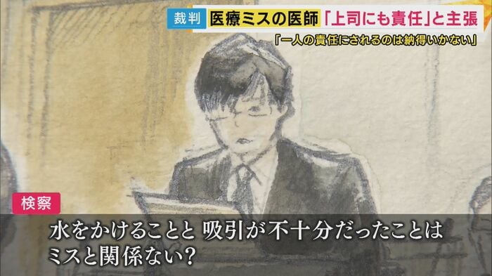 検察側の質問の様子（法廷内イラスト）