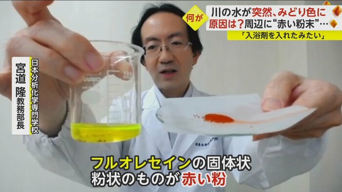 右が粉状のフルオレセイン、左は粉を水に溶かした溶液