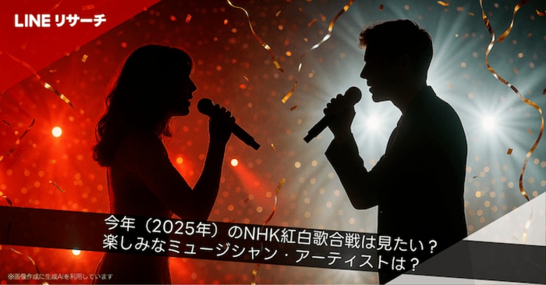 【LINEリサーチ】「第76回NHK紅白歌合戦」見たい人は全体の約半数。楽しみな出演者は【紅組】あいみょん、【白組】Mrs. GREEN APPLEがトップ。初出場の7組もランクイン！
