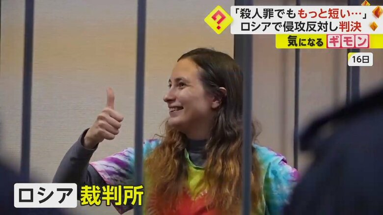 判決前、鉄格子の中で親指を立てて笑顔を見せる女性芸術家
