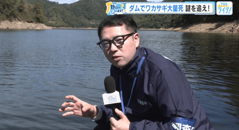 実際にダムに入って水温を確かめる野川アナ