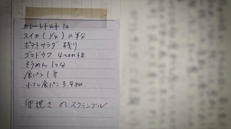 警察の要請で再現した失踪前の食料リストが「捜索ノート」に記されていた