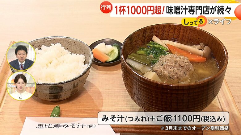 1100円のみそ汁（つみれ）とご飯のセット（3月末までのオープン割引価格）
