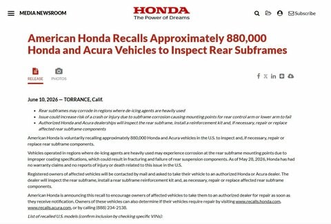 ホンダがアメリカで88万台リコール　部品腐食のおそれ　不具合によるケガなどの報告はなし