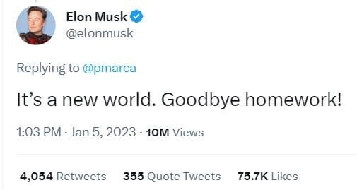 イーロン・マスク氏は「宿題よ、さらばだ!」とツイート