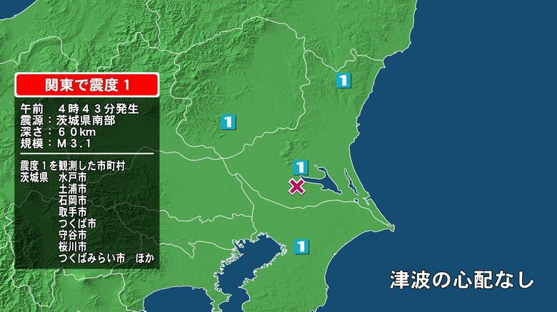 茨城県で最大震度1の地震　茨城県・水戸市、土浦市、石岡市、取手市、つくば市、守谷市、桜川市、つくばみらい市｜FNNプライムオンライン