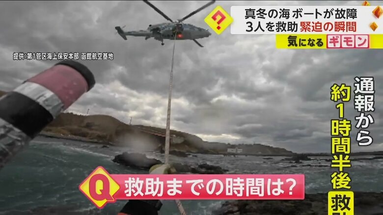 第1管区海上保安本部のヘリから救助のロープが下ろされている