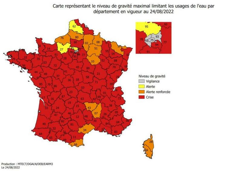 水不足の深刻度を表した地図（フランス政府HPより）