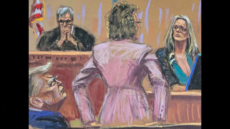 トランプ前大統領と関係があったとするポルノ女優のストーミー・ダニエルズさんが証言（5月9日の廷内スケッチ）