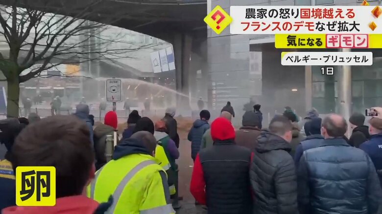 ベルギー・ブリュッセルのデモでは、警察に卵を投げつける人も