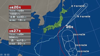 【台風情報】ダブル台風の進路予想　台風27号は5日午後3時には「非常に強い勢力」で小笠原近海に達する予想　台風26号は1日午後6時現在、千葉県銚子市の東約280km　　