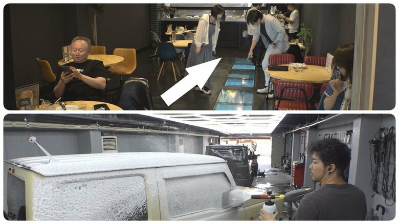 退屈な待ち時間をエンタメに…洗車とカフェが融合した“タイパ抜群の二刀流スポット” 床のガラスの下に愛車｜FNNプライムオンライン