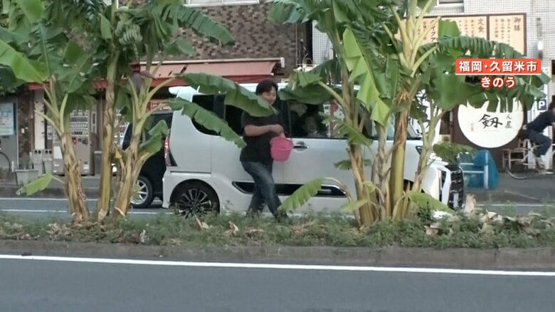 水を入れたバケツを持って、中央分離帯に入っていく男性
