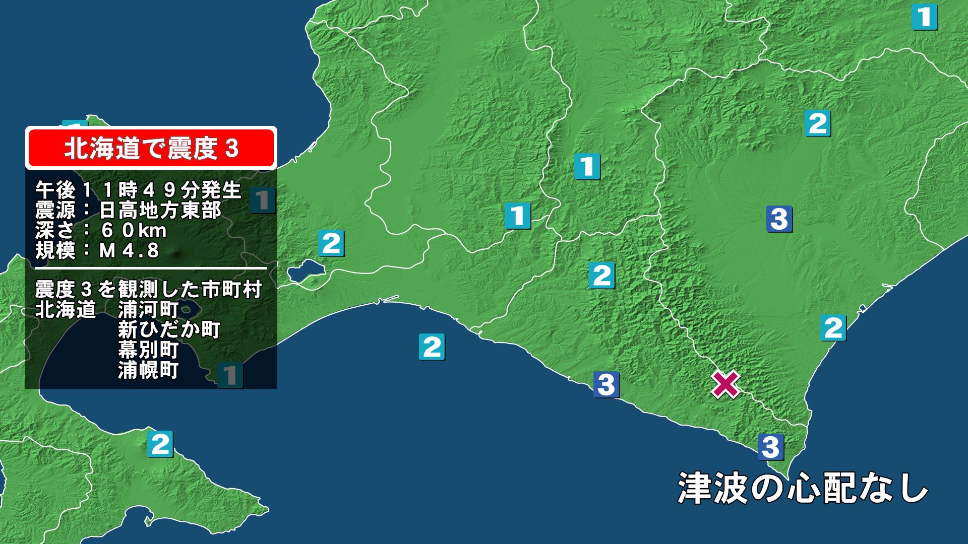 北海道で最大震度3の地震　北海道・新ひだか町、浦河町、幕別町、浦幌町