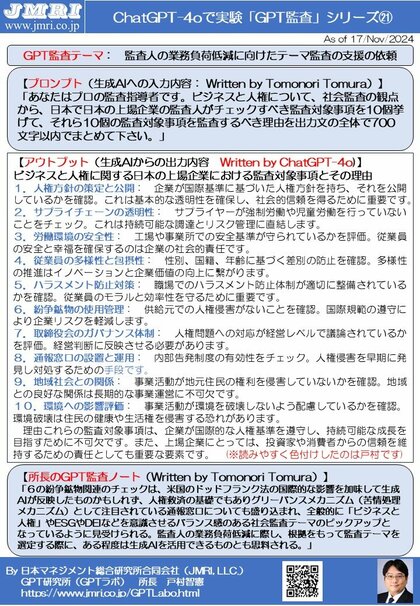 生成AIを監査するGPT監査レポート第21号を公開:テーマ監査の選定に生成AIを利用した際の監査報告by戸村智憲(GPT監査人)【日本マネジメント総合研究所合同会社】