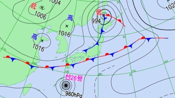 天気図　9月28日午後9時の予想　気象庁HPより