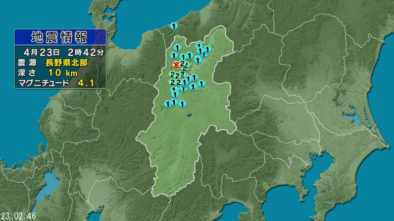 【地震】長野県北部を震源　大町市で震度3　長野市、松川村、小川村、生坂村で震度2　マグニチュード4.1　震源の深さ約10キロ（4月23日午前2時42分ころ）｜FNNプライムオンライン