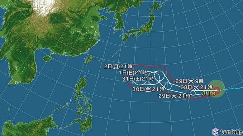 【台風情報】非常に強い台風31号(インファ)の進路予想　28日午後9時には南鳥島近海、中心気圧945hPa、最大瞬間風速70m/s　31日午後9時には非常に強い勢力で小笠原近海に達する予想｜FNNプライムオンライン