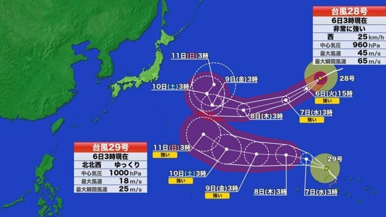 【台風情報】トリプル台風27号・28号・29号の進路予想　27号接近で小笠原諸島は強風・高波に警戒　28号が西寄りに進んだ場合は本州に影響のおそれ　まだ進路は不確実で今後の情報に注意　相互に作用する「藤原効果」の可能性も｜FNNプライムオンライン