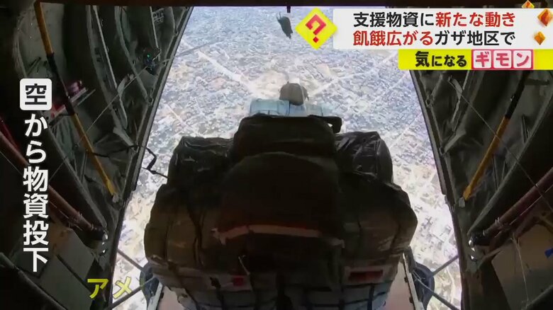 空からの支援物資が投下される様子