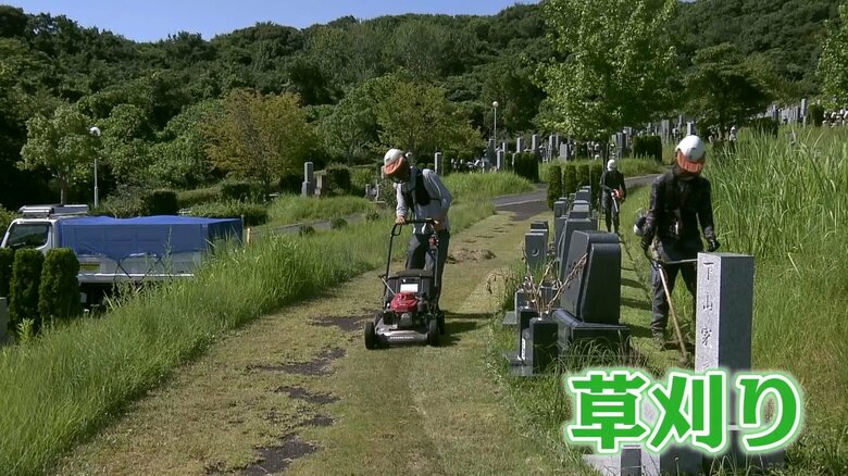 炎天下の中、草刈りをする作業員たち