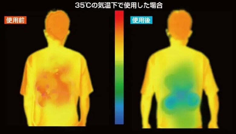 サーモグラフィーで温度変化を調査（左：扇風機つきリュックパッド使用前　右：使用後）