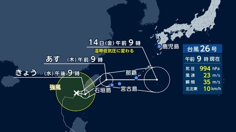 台風26号あす沖縄・先島諸島に最接近へ…暴風雨や土砂災害に要警戒　14日にかけ沖縄本島地方に接近し温帯低気圧に変わる見込み