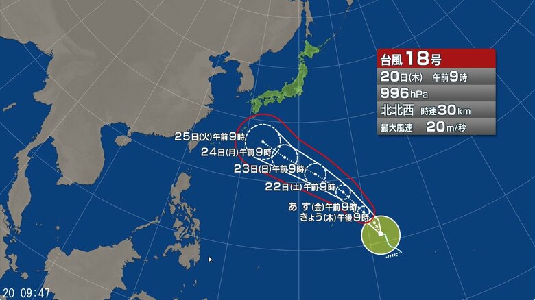 【台風情報】台風18号の今後の進路予想は　23日午前9時には「非常に強い勢力」で小笠原近海に達する予報｜FNNプライムオンライン