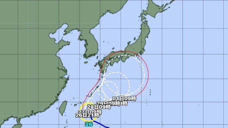 【台風情報】台風26号の進路予想　26日午前9時には沖縄の南にあり中心気圧996ヘクトパスカル　27日午前9時には強い勢力に発達し、宮古島の東約230キロに達する予想｜FNNプライムオンライン