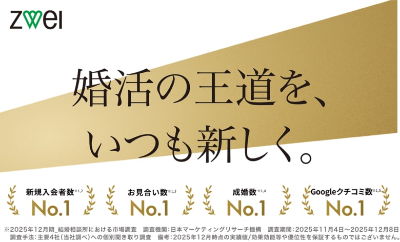 全国で最多の店舗数を誇る結婚相談所「ZWEI（ツヴァイ）」 成婚数や新規入会数など4部門でNo.1 を獲得