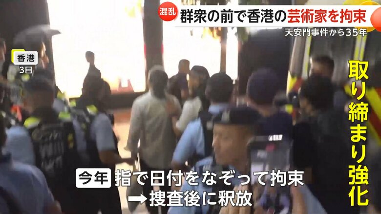 警察に取り囲まれて拘束される芸術家の男性