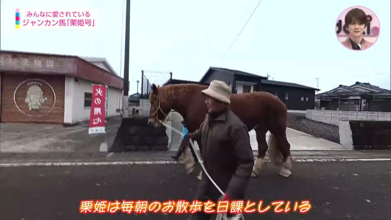 三股町の住宅街を散歩する「栗姫号」