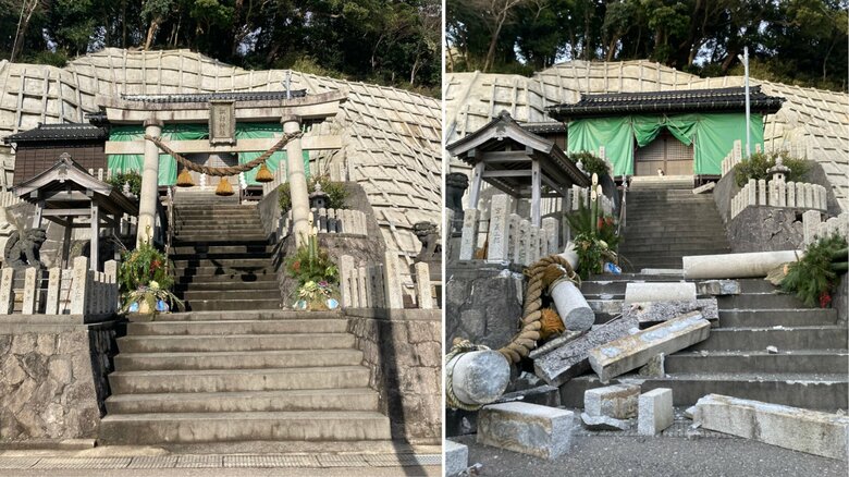 能登半島地震発生前（左）と発生後（右）の諏訪神社（2024年1月1日撮影）