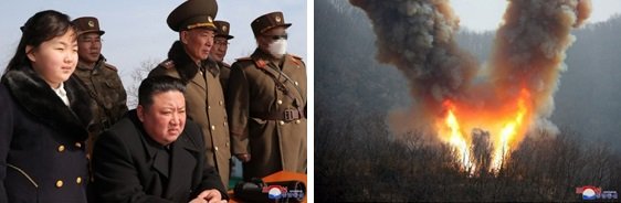 左:ミサイル発射訓練を視察する金正恩総書記父娘。右:ミサイル発射前に二手に別れて噴き上がる噴射炎。(朝鮮中央通信・2023年3月20日)