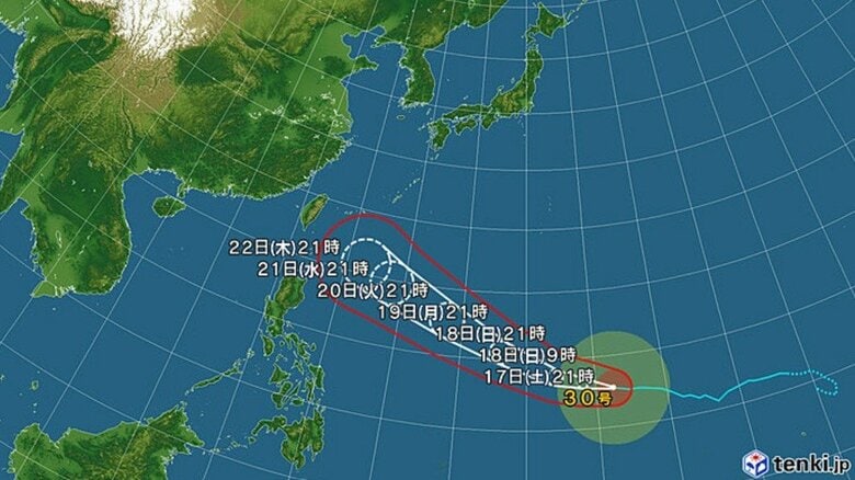 【台風情報】台風30号の進路予想　22日午後9時には「非常に強い」勢力で沖縄の南へ達する見通し　中心気圧935ヘクトパスカル、最大瞬間風速70メートル予想｜FNNプライムオンライン