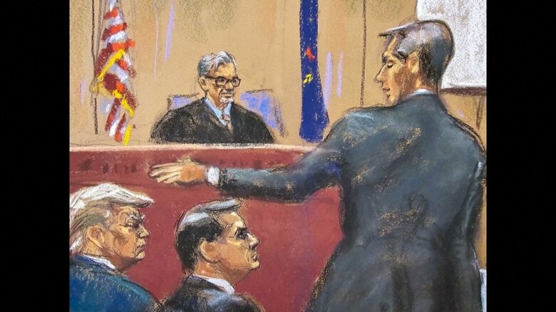 22日、冒頭陳述を行ったコランジェロ検事（右）（4月22日の廷内スケッチより）