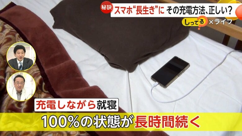 100％の状態が長時間続いてしまう寝ながらの充電