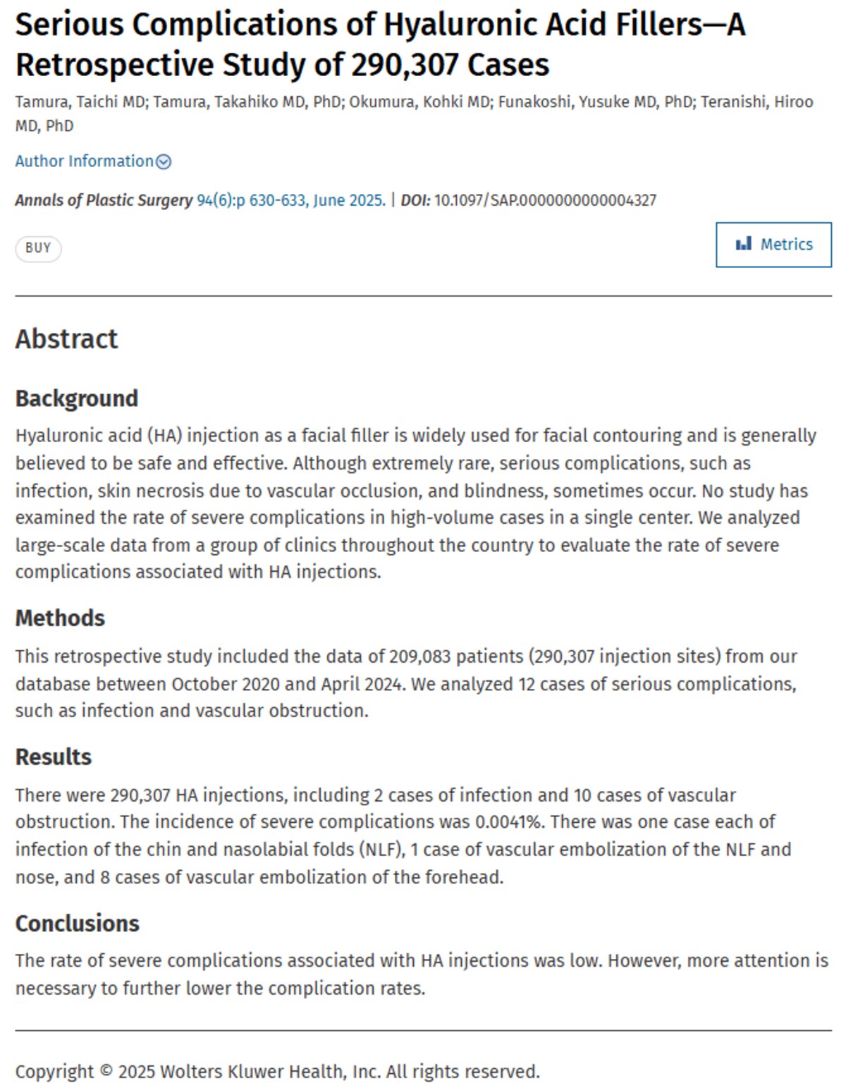 TCB田村太一医師らの論文が国際医療ジャーナル「Annals of Plastic
