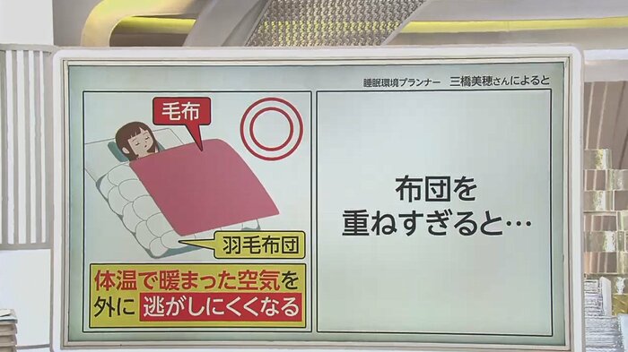 掛け布団は、羽毛布団の上に毛布を