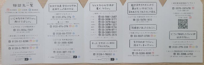 子供たちに配布されているお守りには、相談内容に応じた連絡先が記載されている