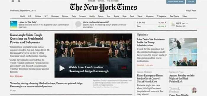 トランプ大統領の批判記事を掲載したニューヨークタイムズ紙(6日・ネット版)