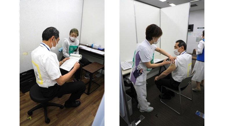 左:(5)医師による予診 右:(6)輪看護師によるワクチン接種