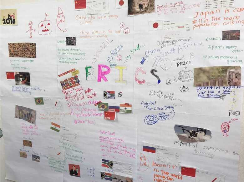 「冷戦とパラダイムシフト」というテーマの中でBRICSの台頭についてこどもたちがまとめた新聞