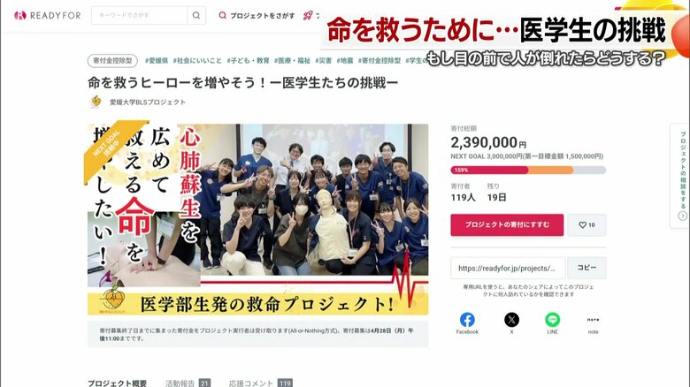 心臓マッサージに使う人形やＡＥＤの購入費用をクラウドファンディングで募る